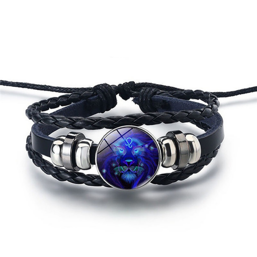Zodiac Sign Bracelet Set of 2 - Lapis Lazuli Sodalite Stones, Genuine Leather, Steel Alloy, Blue Horoscope Jewelry for Men Women (5)