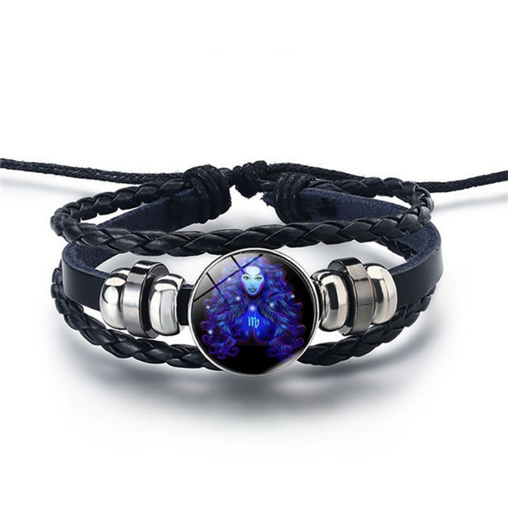 Zodiac Sign Bracelet Set of 2 - Lapis Lazuli Sodalite Stones, Genuine Leather, Steel Alloy, Blue Horoscope Jewelry for Men Women (6)